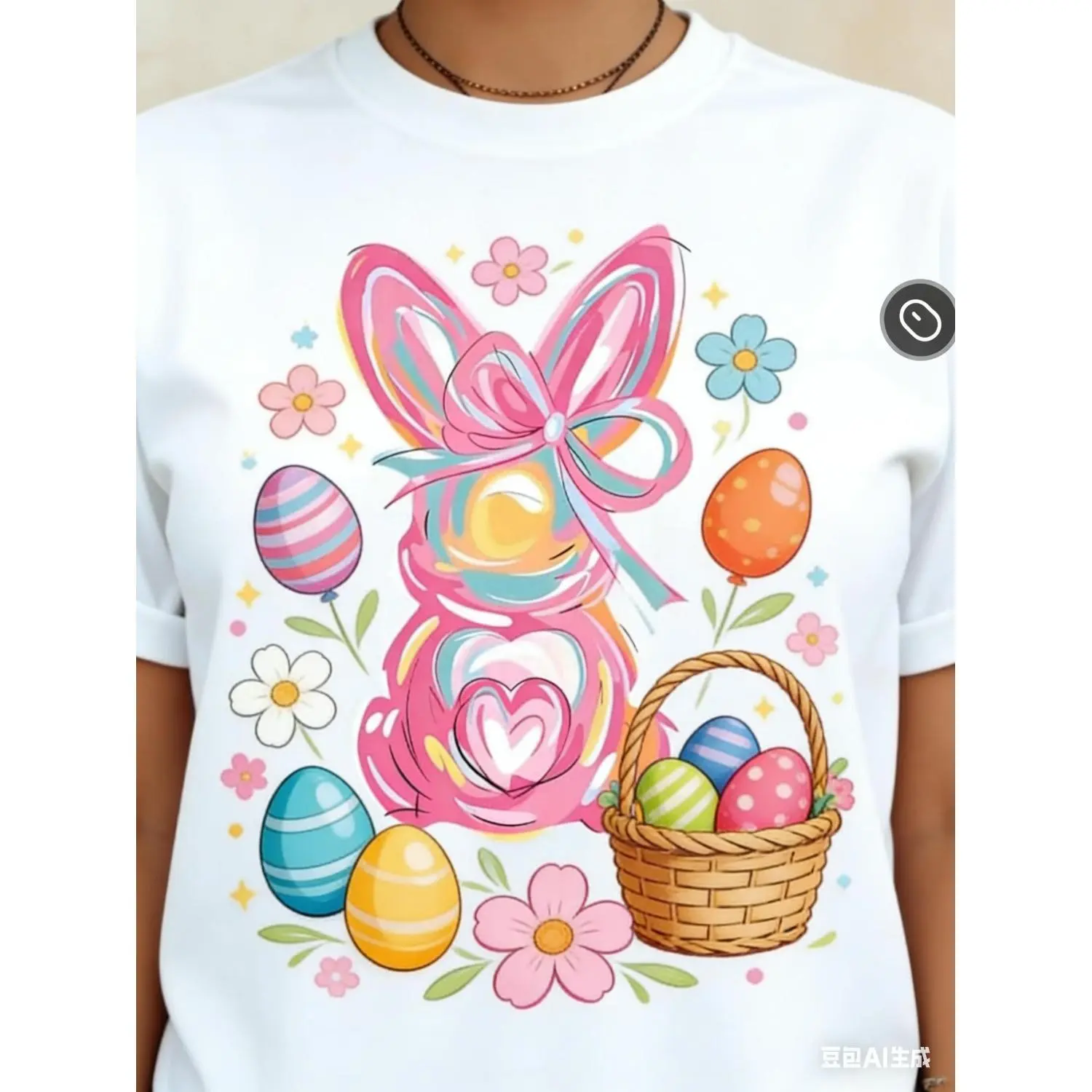 Casual Womens Easter TShirt Featuring Easter Bunny with Pink Bow and Colorful Swirls Round Neck Short Sleeve Design