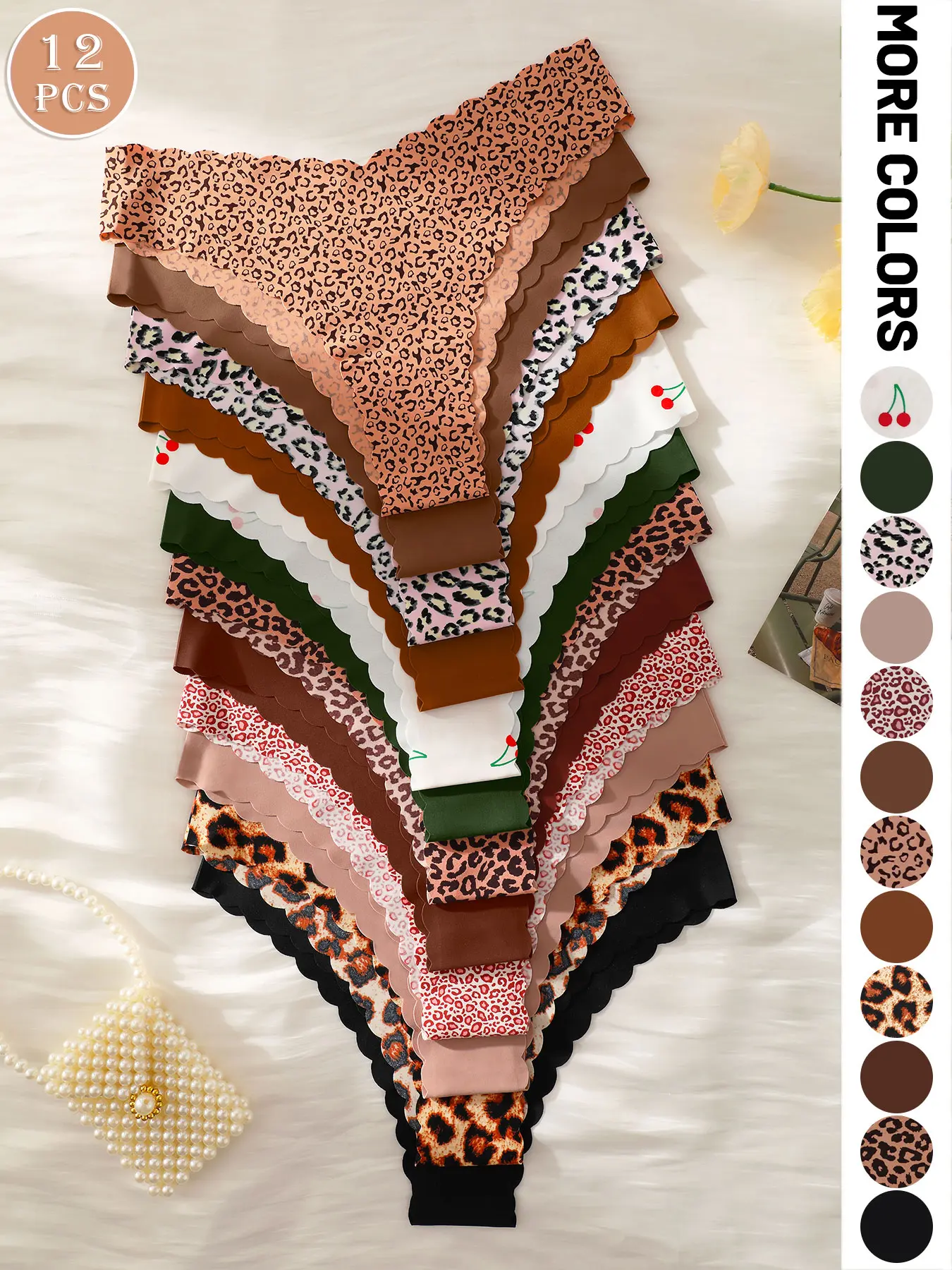 5/6/12 Pack Seamless Design Low Waist Women's Briefs, V-Shape Wavy Edge, Comfort Fit Underwear, Multiple Colors, Leopard Print
