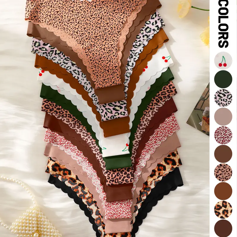 5/6/12-Pack Women's Seamless Low-Waist Briefs, V-Shaped Waistband, Comfort Fit, Multiple Colors Available, Scallop Trim, Leopard Print