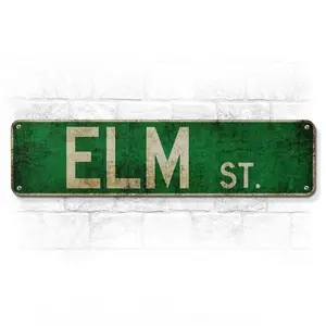 Elm Street Sign – Horror Movie Gifts and Collectibles, 16x4" Unique Horror Decor for Bedroom, Durable Lightweight Tin Sign with Pre-Drilled Holes, Halloween Wall Decoration, Spooky Room Accent