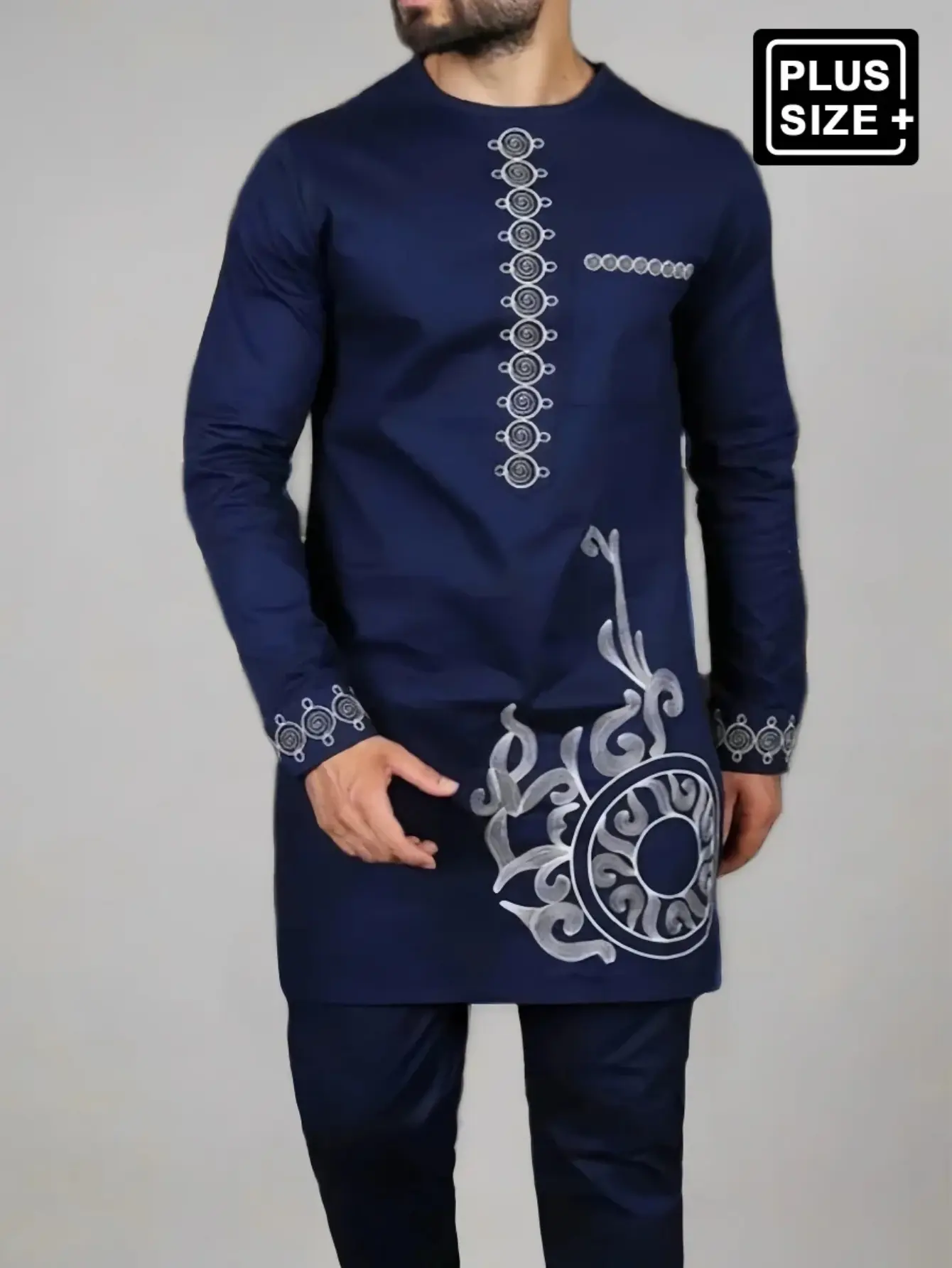 2 Pcs/Set Plus Size Men's Digital Printed Blue Dashiki Set, Long Sleeve, Round Neck, Elastic Waist Pants, African Fashion, Men's Casual Shirt & Pants Set, Party, Date, Wedding