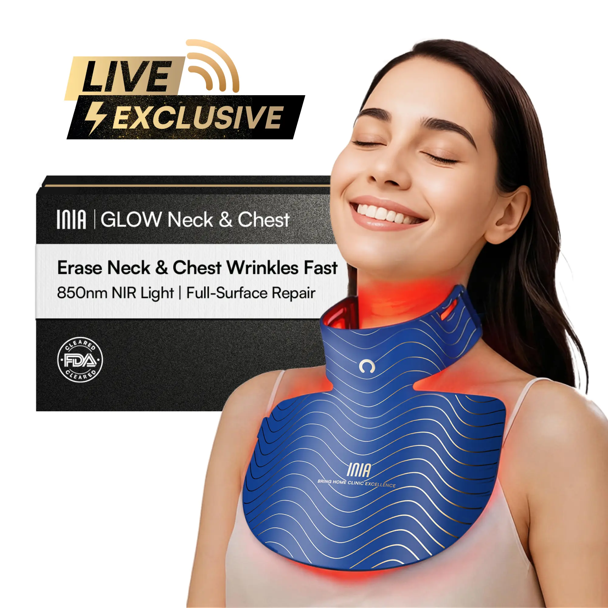 【LIVE EXCLUSIVE】INIA GLOW Neck & Chest Red Light Mask – 850nm NIR | Fade Wrinkles & Spots | Lift & Firm in 4 Weeks - Red Light Skincare Device with 2600mAh Rechargeable Controller, Clinic-Grade, Full Coverage,Summer Beauty Gift Ideas