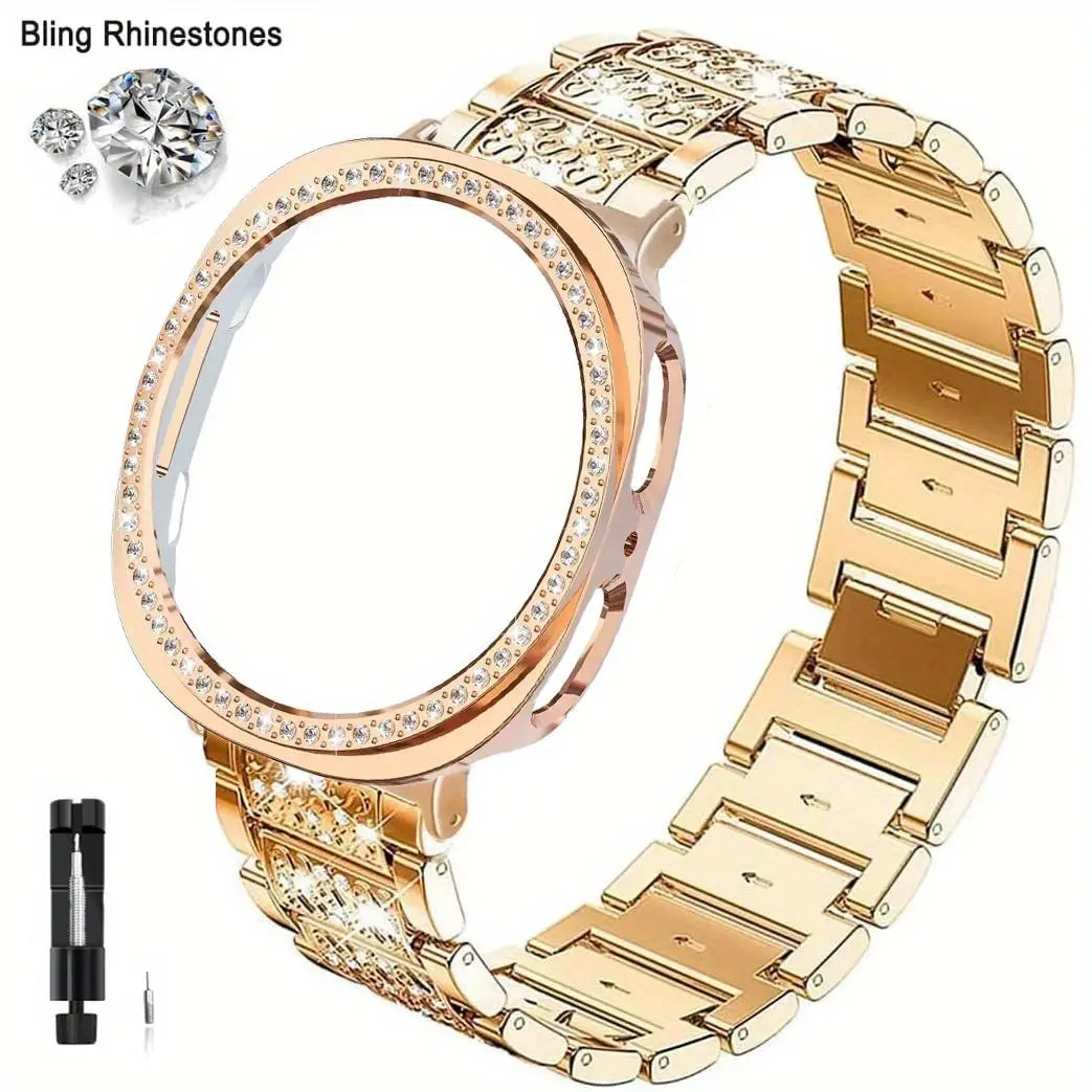 Bling Metal Watch Band + PC Protective Case Set for Samsung Galaxy Watch 8 (44mm/ 40mm) Rhinestone Watch Strap And Watch Case for Galaxy Watch8 Stylish Business Dressy Design Watch Band and Protective Case Combo, Watch Strap for Women