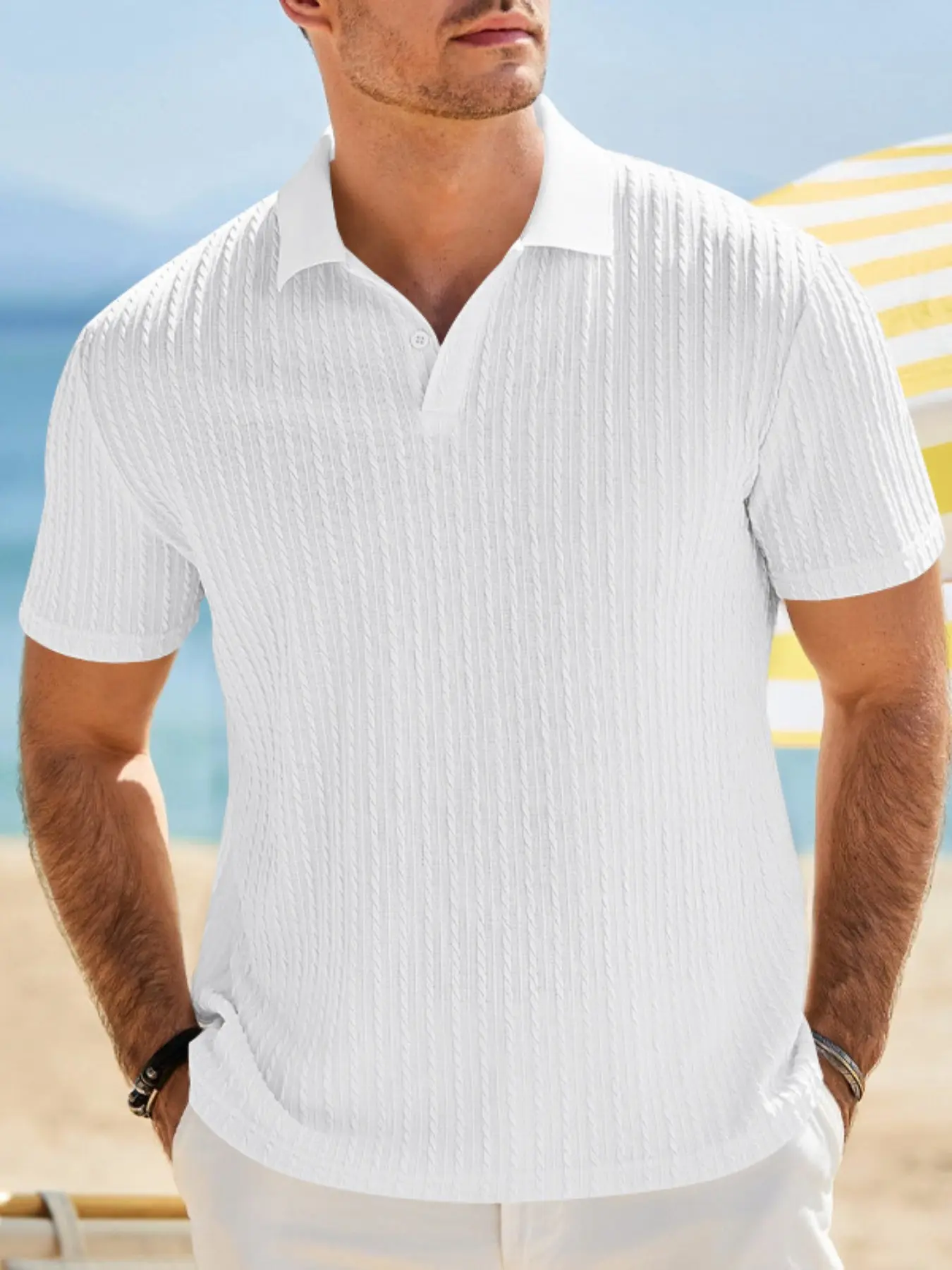 Men's Summer Tropical Classic Casual Polo Shirt, Loose Knit Jacquard Commute Simple Button Short Sleeve, Wholesale Leisurewear for Men, Buttoned Polo Shirts