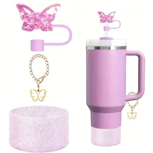 3-Piece Stanley Cup Accessories Suit-Silicone Butterfly Chain, Silicone Boots and Glass Cup Straw Mouthpiece-Personalized Water Bottle Decoration