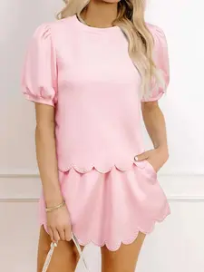 Puff Sleeve Pearl Embellished Scallop Trim Top and Skort Set