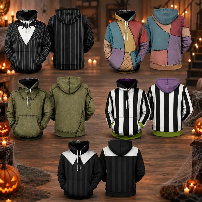 Halloween Costume Hoodie, Gothic Character Hoodie, Spooky Cosplay Sweatshirt, Patchwork Striped Hoodie, Dark Fantasy Costume