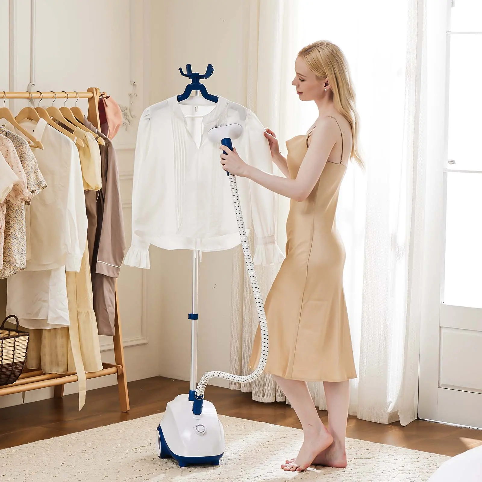 Standing Fabric Steamer - Professional Wrinkle Remover Heats, 1500W Powerful Steamer for Clothes with Roll Wheels, 1.7L Water Tank for 55 Min Continuous Steaming, Professional Wrinkle Remover Heats in 45 Seconds