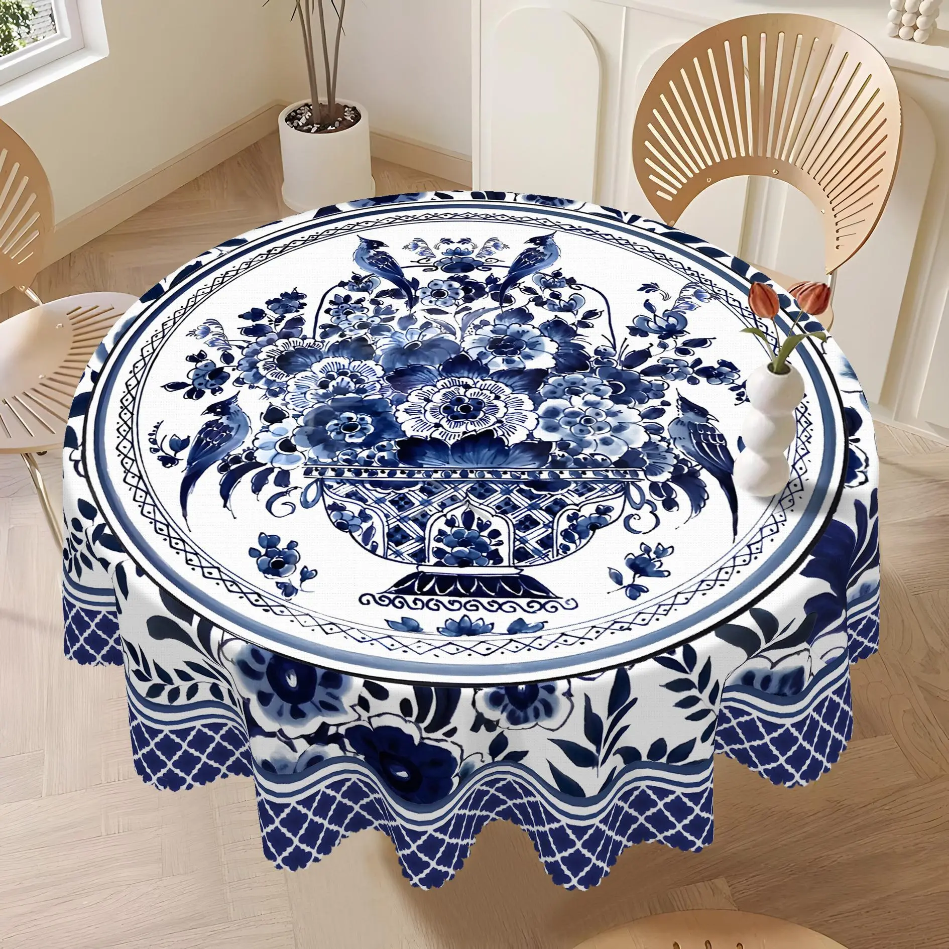 Classic Chinese Porcelain-Style Polyester Tablecloth - Round/Rect., Reusable Washable Tabletop Cover, Vintage Elegant Home Dining Decor, Handcrafted Artwork for Patio Bistro Sets