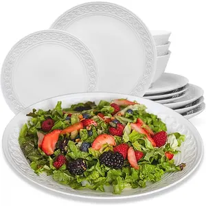 Plates and Bowls Sets - Dishes Set for 4 - Microwave Safe - 12 count Porcelain Dinnerware for Kitchen - Includes 4 Dinner & 4 Appetizer Plates, 4 Cereal Bowls - Zero Lead & Cadmium