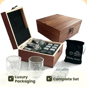 Whiskey Stones and Whiskey Glass Gift Box Set 8 Granite Chilling Whisky Rocks + 2 Glasses in Wooden Box Scotch Bourbon Gift Box - Christmas Drinking Gifts for Men Him Dad Husband Gift
