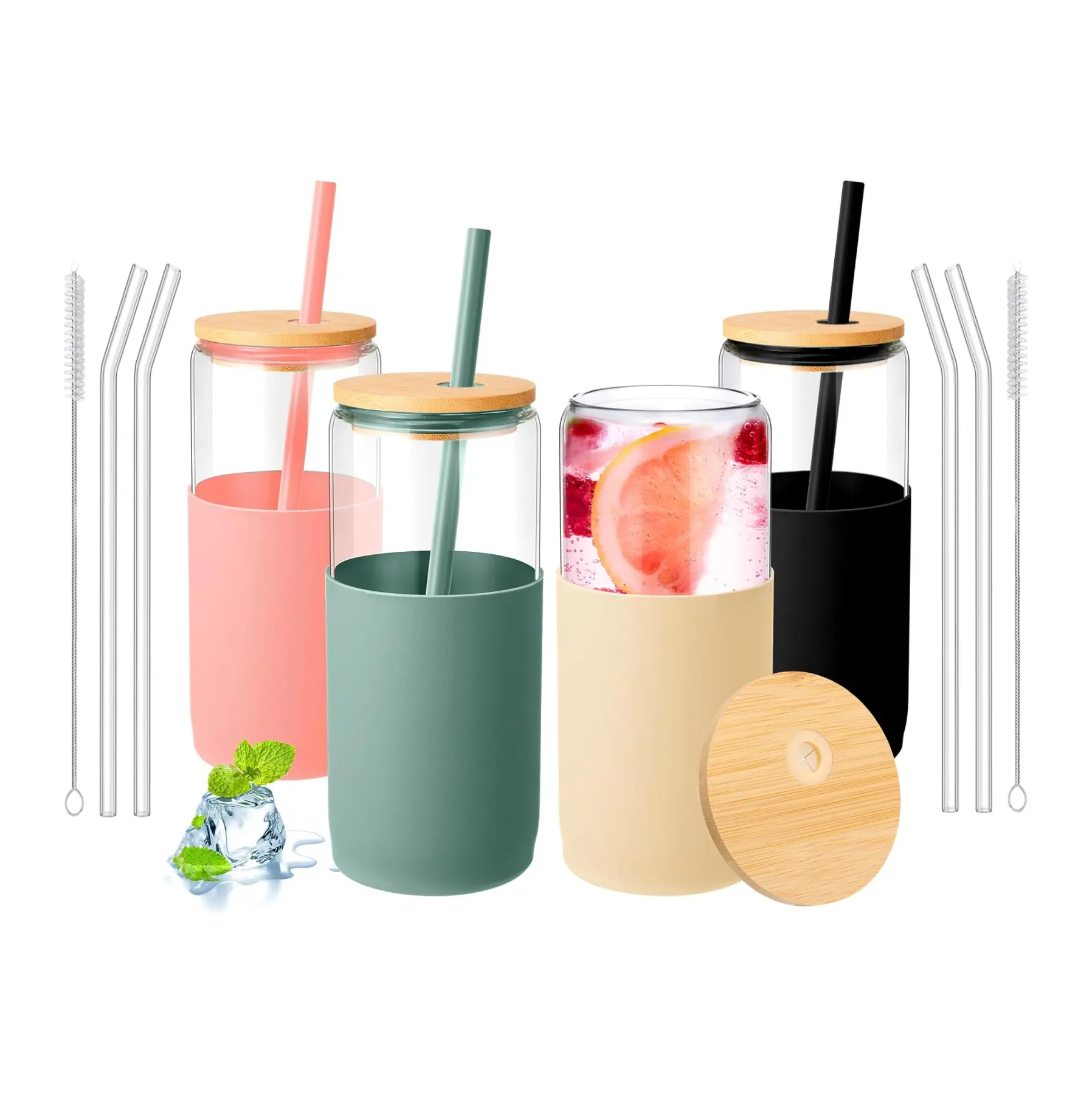 4-Pack 20 OZ Glass Cups with Bamboo Lids and Straws Includes four clear glass straws and four different colored silicone straws, two cleaning brushes - Beer Can Drinking Cup with Silicone Protective Cover, Iced Coffee Cup, Cute Water Cup, Tea Cup, Gift