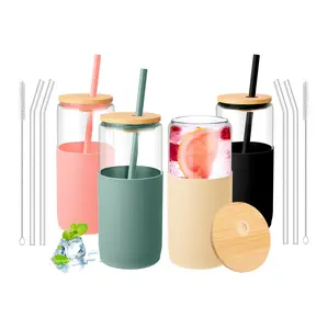 4-Pack 20 OZ Glass Cups with Bamboo Lids and Straws Includes four clear glass straws and four different colored silicone straws, two cleaning brushes - Beer Can Drinking Cup with Silicone Protective Cover, Iced Coffee Cup, Cute Water Cup, Tea Cup, Gift