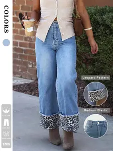 1 Pair Women's Blue Washed Straight Leg Jeans Pants, Leopard Trim Hem, Stretchy Denim Material, Tall and Slimming, Casual Fashion, Spring Summer, Leisure Gathering, Daily Travel Womenswear