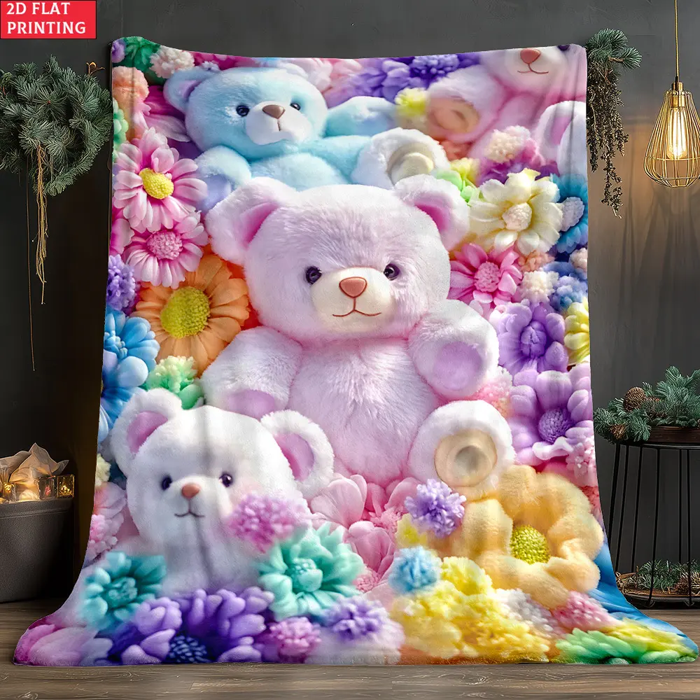 Pastel Teddy Bears & Flowers Print Throw Blanket, Cute Kawaii Themed Cozy Blanket, Soft Fluffy Lightweight Blanket for All Seasons, Anti-Pilling Washable Decorative Blanket