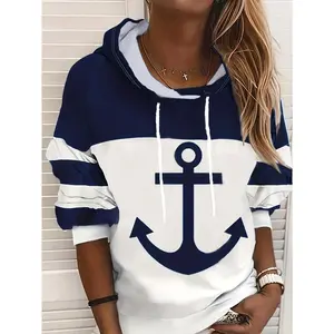 NewAnchor Print Drawstring Hoodies, Casual Color Block Long Sleeve Sweatshirt, Women's Clothing(Gift)11