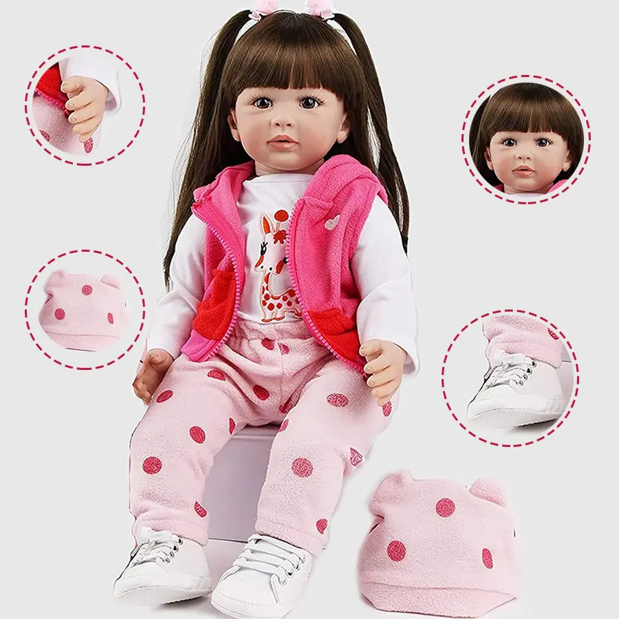 22inch (55cm) Realistic Newborn Baby Girl Doll, Soft Silicone Vinyl Doll, Kids' Christmas Soft Cuddly Gift with Plush Pink Giraffe Toy