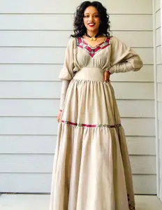 Arif Tibeb Fetil Habesha Kemis - Handcrafted Long Sleeve Bishop Sleeve Traditional African Dress for Women Casual All Seasons Basic Minimalist with Mekenet - Womenswear