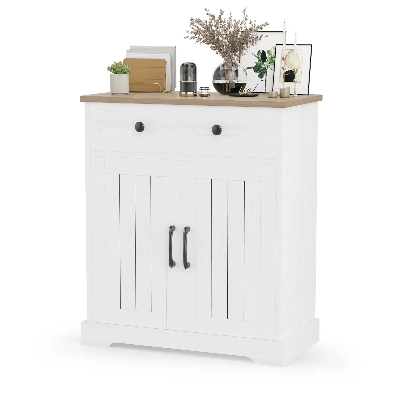 Modern White Sideboard Buffet Cabinet - Engineered Wood Furniture with Designer Touch, 2 Doors + 1 Draw, Reinforced Legs, Smooth Glide Storage Console for Kitchen, Living Room