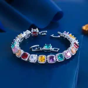 Rainbow Square Cut Cubic Zirconia Tennis Bracelet, Suitable for Women’s Everyday Wear, Parties, Weddings, and Other Occasions