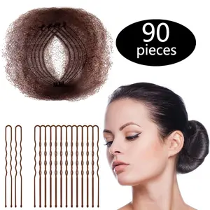 Bun Hair Nets 50Pcs, Invisible Elastic Edge Mesh, Individual Package, Brown & U Shaped Pins 40Pcs for Ballet Bun, Sleeping, Women and Wig