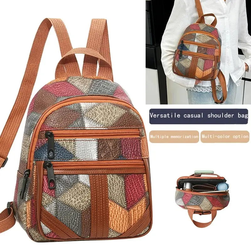 Vintage Style Women's Patchwork Backpack Multi-texture Design for Daily Use Commute Stylish Lightweight Casual Fashion Bag