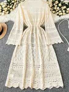 Plus Size Long Sleeve Knit Cardigan, Solid Color Casual Tie Outerwear, Adjustable Bow Waist Belt, Elegant Lazy Style Sweater Jacket, Knitwear