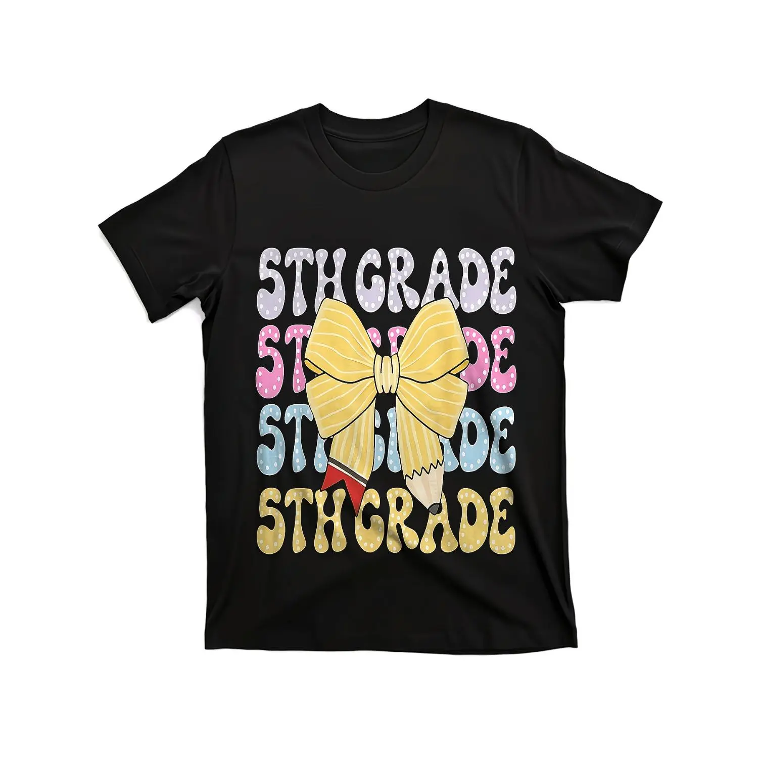 Women's Cotton Fifth Grade Teacher T-shirt - Retro Classroom Tee with 5th Grade Text & Bow Graphic, Soft Breathable Crewneck, All Seasons Casual Outfit, Machine Washable, Normal Type, Pull On, Plus Size & Tall Options for Educators