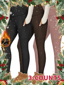 Women's High Waist Fleece Lined Leggings with Pockets, Warm Winter Pants for Fitness Running Yoga, Essential Fall & Winter Wear, High Waisted Leggings