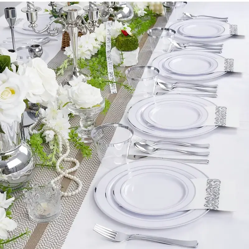 50 Guest Disposable Dinnerware Set – 350 PCS Silver Rim Plastic Plates, Cups, Cutlery & Napkins, Heavy Duty Party Tableware for Weddings, Birthdays & Events