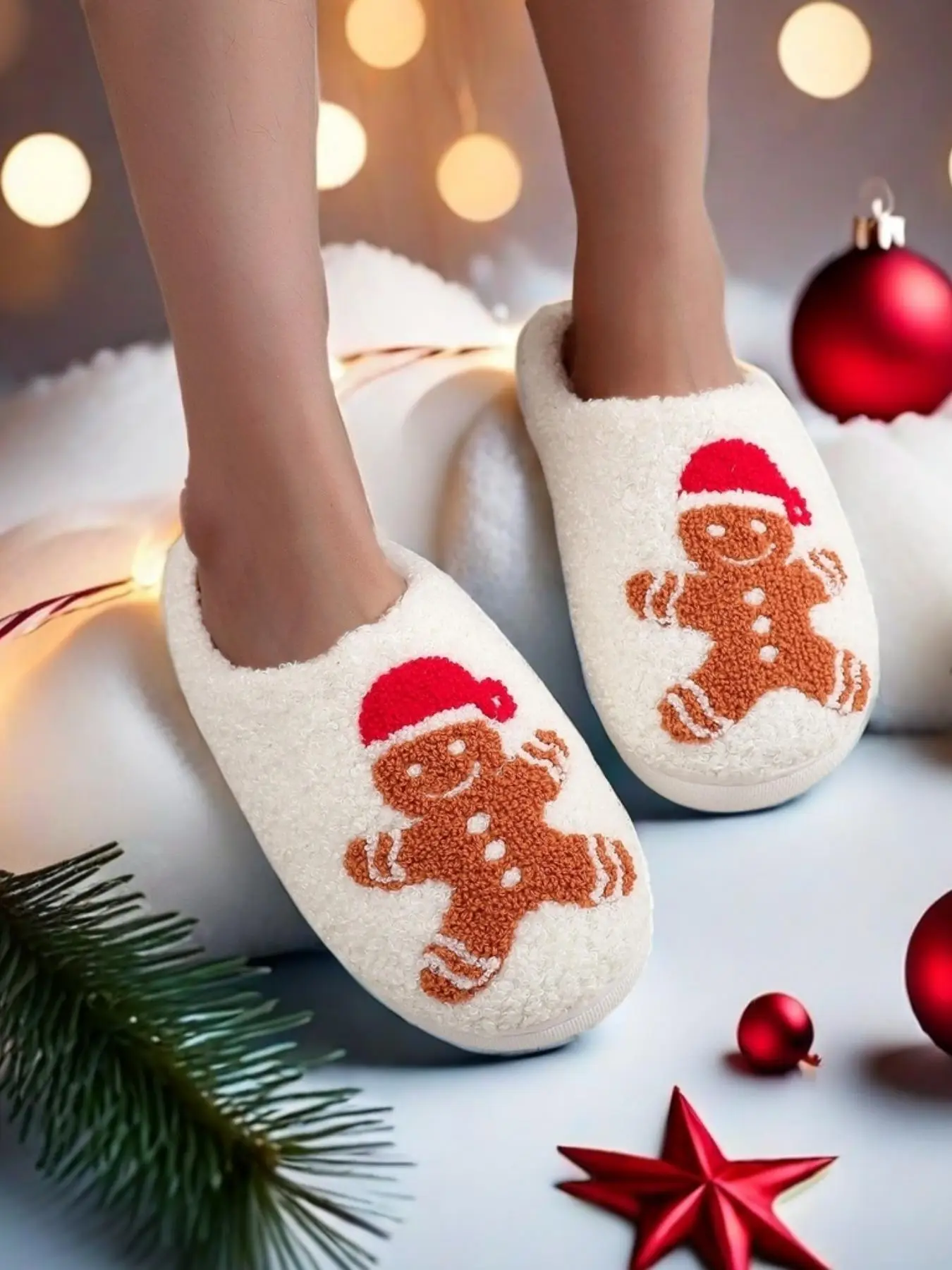 Women's Cute Gingerbread Man Design Plush Slippers, Casual Soft Comfortable Home Slippers, Warm Slippers for Indoor & Outdoor Use for Fall & Winter