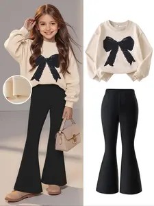 Girls' Fashion Bow Print Sweatshirt Set, Fall & Winter Casual, Round Neck Long Sleeve Top + Slim Leg Pants, Fashion Clothes Set