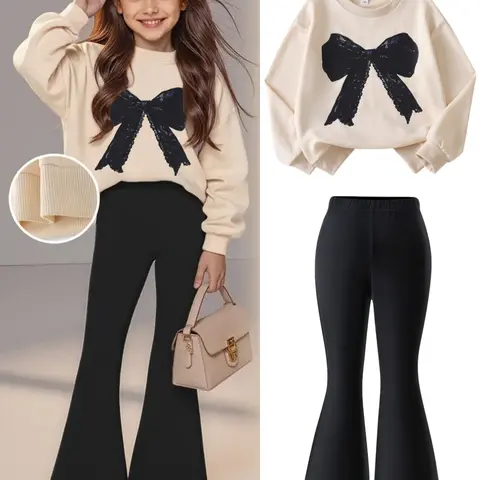 Girls' Fashion Bow Print Sweatshirt Set, Fall & Winter Casual, Round Neck Long Sleeve Top + Slim Leg Pants, Fashion Clothes Set, Fashion Style Sets, Matching Clothing Set, Matching Outfits Set