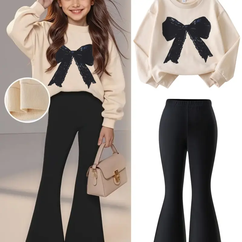 Girls' Fashion Bow Print Sweatshirt Set, Fall & Winter Casual, Round Neck Long Sleeve Top + Slim Leg Pants, Fashion Clothes Set, Fashion Style Sets, Matching Clothing Set, Matching Outfits Set