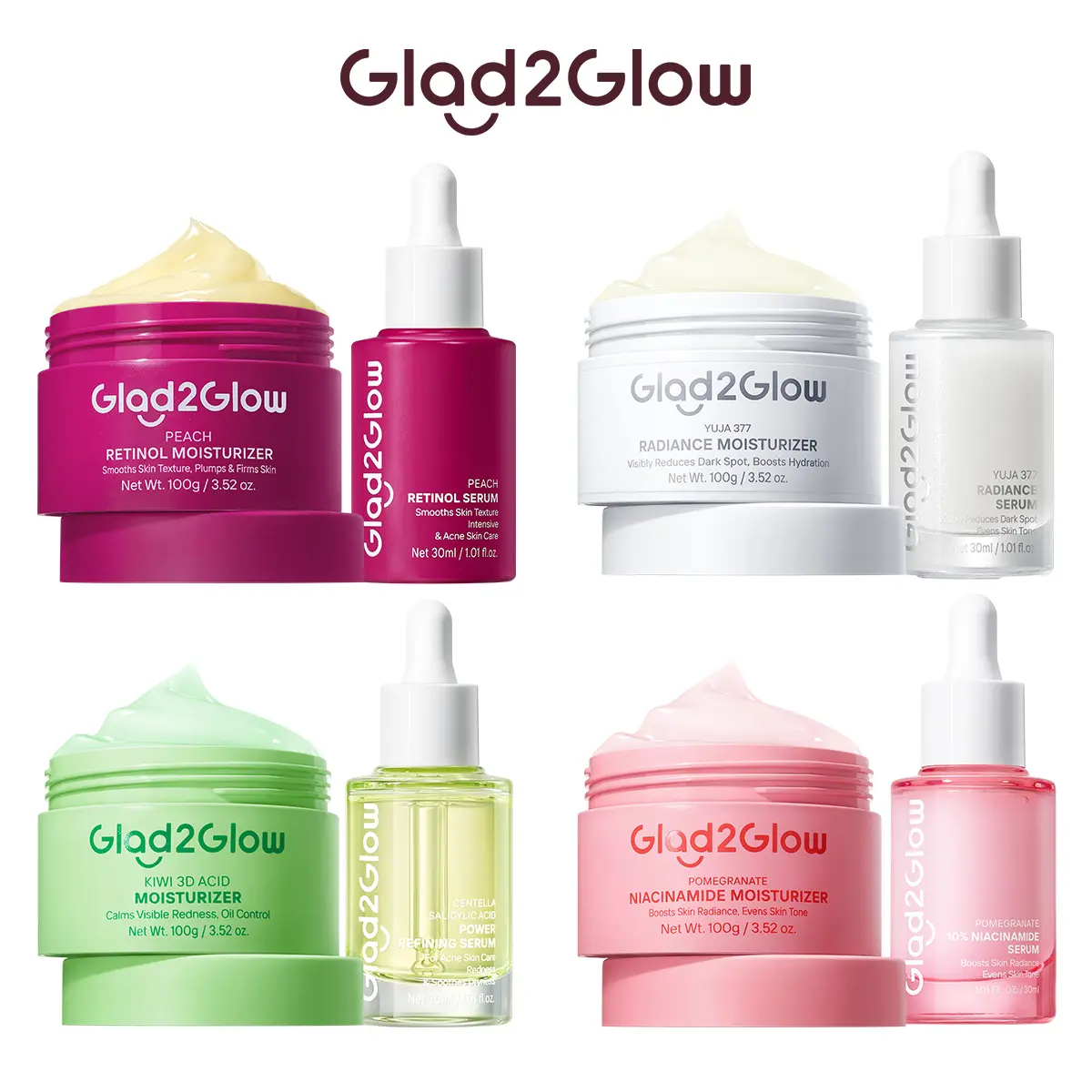 [Trending Bundle] Glad2Glow 2-Piece Skincare Routine - Peach Retinol Set / Yuja 377 Set / Kiwi Salicylic Set / Pomegranate Brightening Set | Acne, Dark Spot & Anti-Aging Solutions