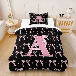 Black Pink Bow Personalized Initial Comforter Set,Including 1 Quilt and 1 or 2 Pillowcases Without Pillows,Suitable as Fashionable Bedding Set for Family or Friends,Soft and Warm Bedroom Decoration