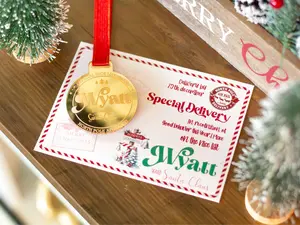 Personalized Santa Nice List Medal | Gold Mirror Ornament | Christmas Keepsake for Kids | Santa Letter Gift