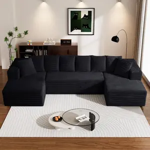 【#SummerVibes】【2 Packages Shipping】127 Inch Modular U-Shaped Sofa, Comfortable Fluffy Plush Corduroy Fabric Sofa, Convertible Sofa Bed with Recliner, Suitable for Living Room, Bedroom Ultra-Soft Black Flannel Set