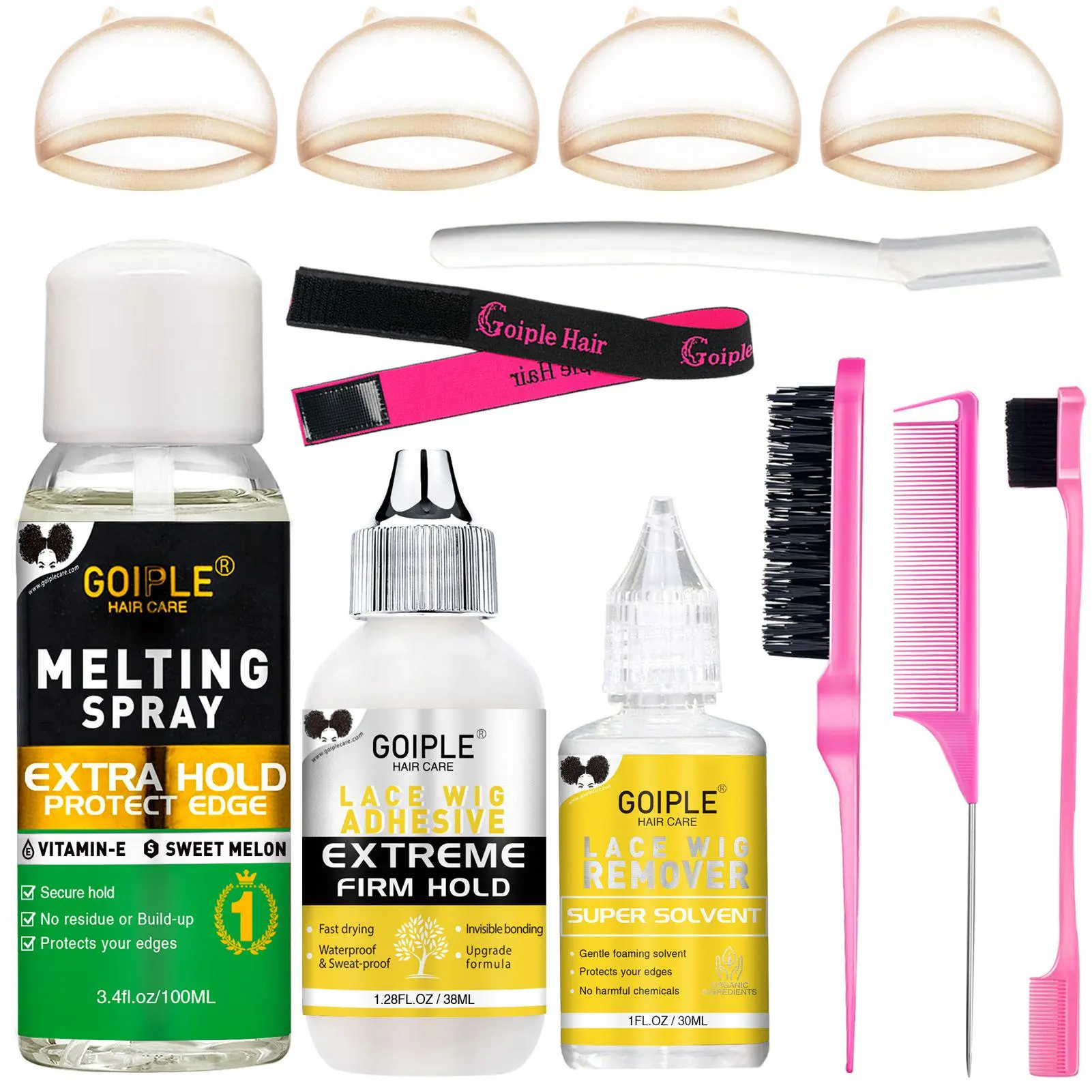 Lace Melting and Holding Spray for Wigs - Strong Adhesive for a Natural Finish, Includes Wig Glue, Wig Band, and HD Wig Cap Protect Skin Drying Time