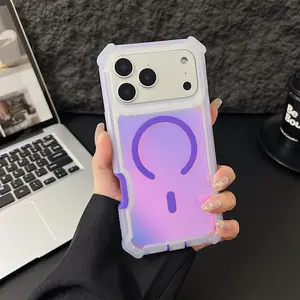 For iPhone 13 14 15 16 17 Pro Max Air Shockproof Color-Changing Laser Dazzling Magnetic Smartphone Case, Magsafe-Compatible Wireless Charging Cover, Transparent Cellphone Shell, Phone Accessories, Mother's Day Gift for Her # SummerVibes summerwins