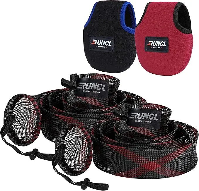 RUNCL Adjustable Fishing Rod Sleeves & Reel Bags (2 Pack) - Spinning/Casting Socks, Spinning/Baitcasting Covers, Fisherman Accessories, Long Rod Gear, Sleeve Add-Ons, Space-Saving Storage Protection, Long Fishing Rod Accessories