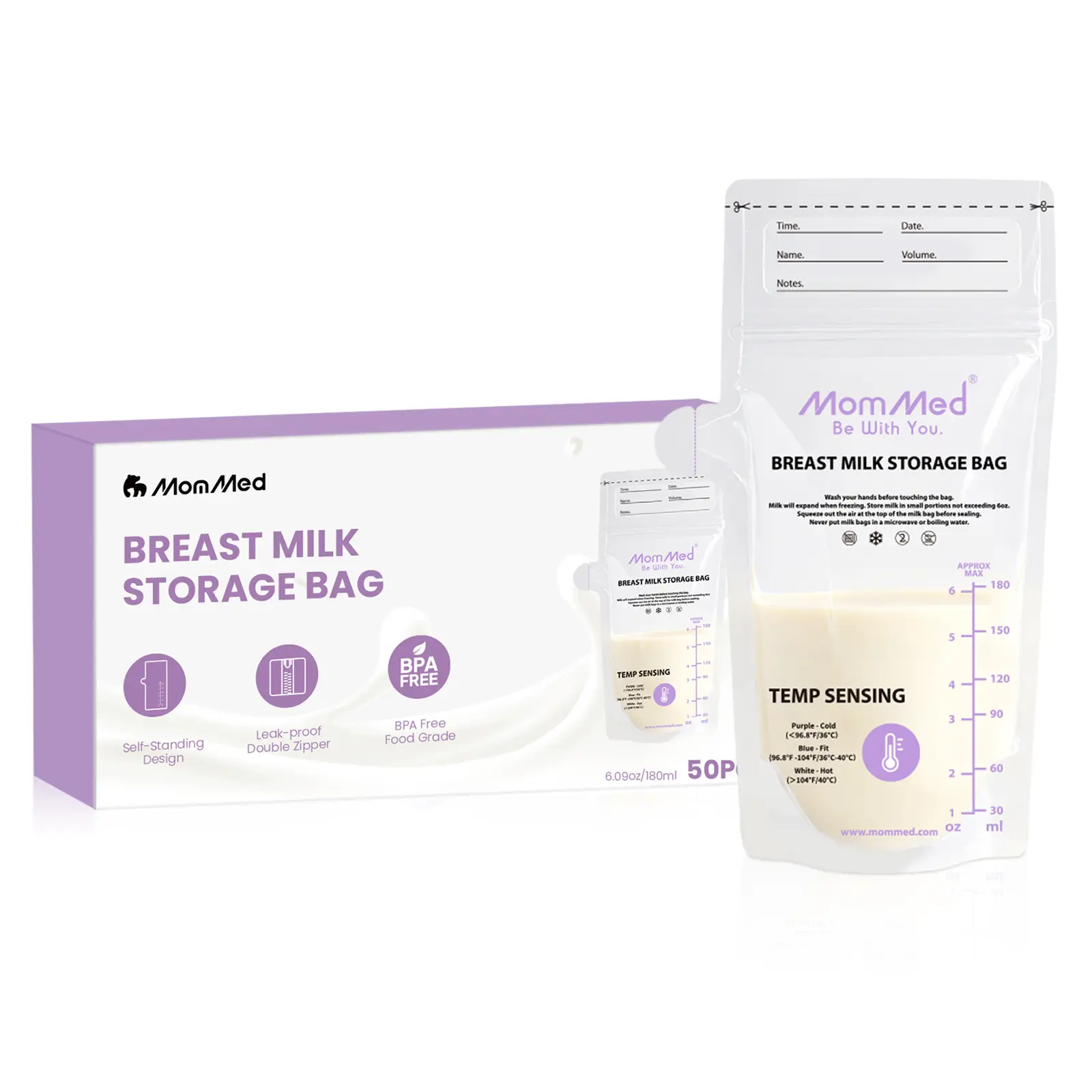 MomMed Breast Milk Storage Bags, 50 Count, 6oz Self-Standing Milk Bags with Pour Spout, Temp-Sensing Color Change, Hygienically Pre-Sealed for Breastfeeding & Long-Term Storage, Nursing Essentials