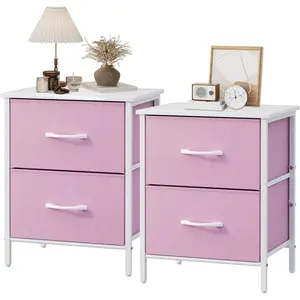 Nightstand Set of 2, Kids Dresser with 2 Drawers, Steel Frame Bedside Furniture, Wood Top Fabric Night Stand, Colorful End Table for Home, Bedroom, Office, Pink