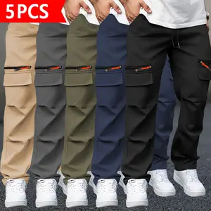 Men’s 5-Pack Multi-Pocket Cargo Pants, Elastic Waist Streetwear Pants with Zipper Detail, Great for Urban Street Style, Outdoor Activities, Casual Wear, and Workouts.