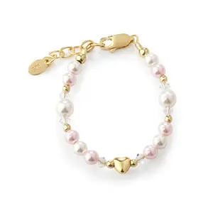 14K Gold-Plated Pink and White Pearl Heart Bracelet for Babies and Kids