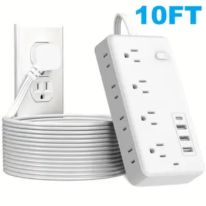 10/5FT Flat Extension Cord Flat Plug Surge Protector Power Strip, 8 AC Outlets, 4 USB Charger(1 USB C Port) 3-Sided Outlet Extender, 5Ft Extension Cord Charging Station,  Office Supplies, Dorm Room Essentials