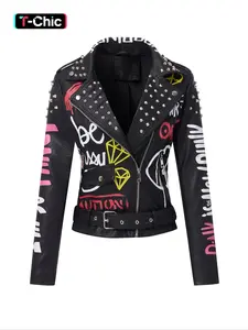 Women's PU Jacket with Belt, Casual Fitted Biker Jackets, Letter Print, Rivet Zipper Design, Long Sleeve All Season Wearable Outerwear Coats