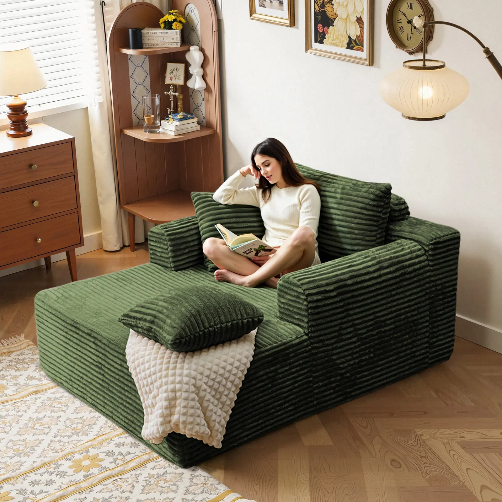Oversized Upholstered Chaise Lounge BONELESS Sofa Bed - Plush Corduroy Couch, No Assembly Required, with Throw Pillows & Armrests, Indoor Sleeper Furniture for Living Room (Black), Sofas Living Room