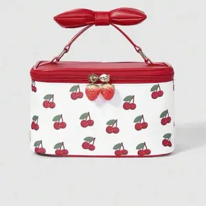Cherry Bow Makeup Case with Red Bow Handle and Cherry Pattern Design for Easy Access