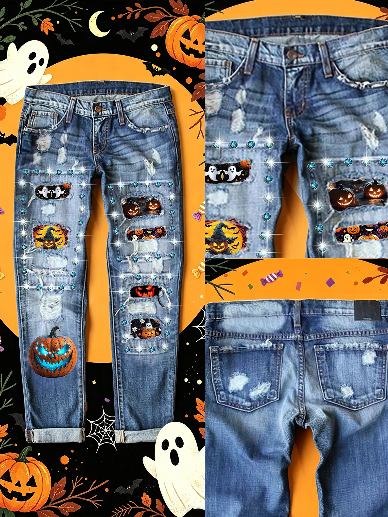 2026 Halloween New Fashion Diamond Print Ripped Mid Waist Straight Leg Women's Jeans with Unique Pumpkin & Ghost Designs for Autumn Casual Wear